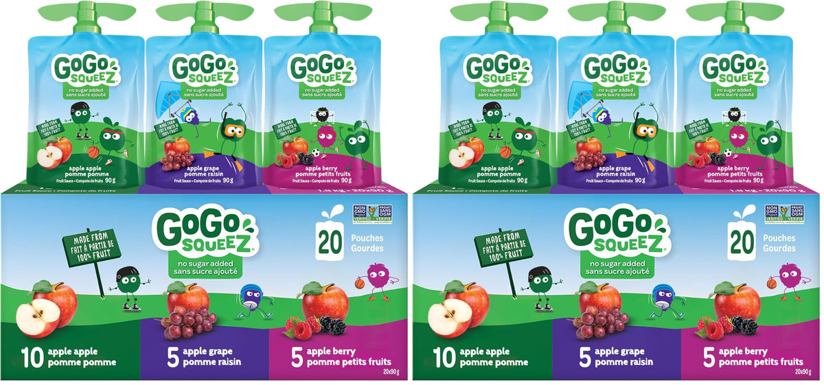 GoGo squeeZ Fruit Sauce Variety Pack, Apple, Strawberry, Peach, Banana, No Sugar Added. 90g per pouch, Pack of 20