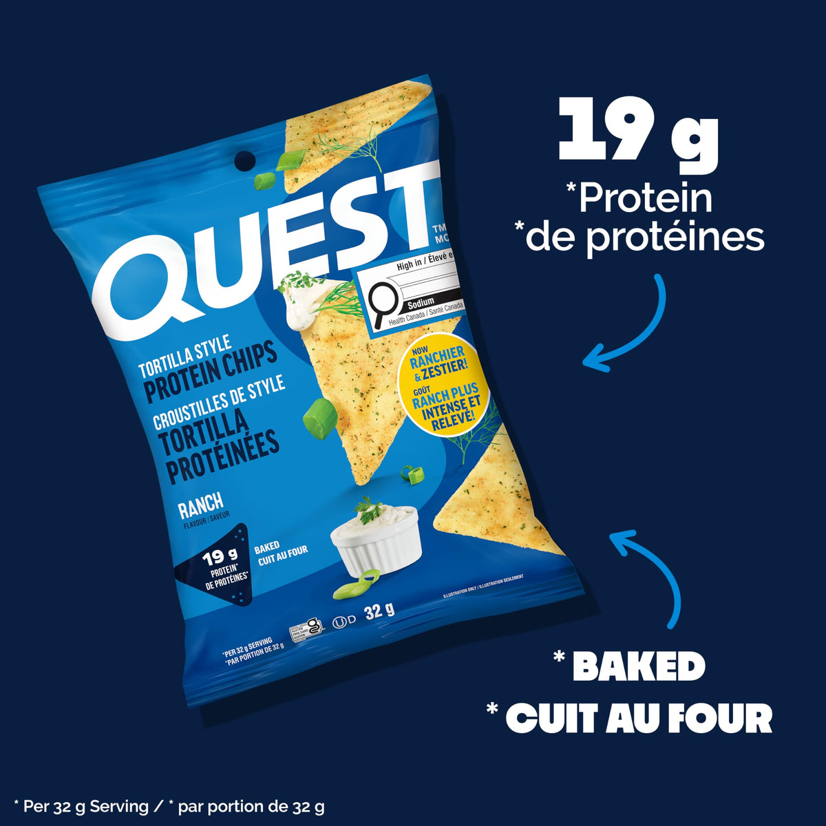 Quest Nutrition Chili Lime Flavour Tortilla Style Protein Chips, High Protein, Baked, Not Fried, Gluten Free, 1g Sugar, 4g Carbs, 8ct