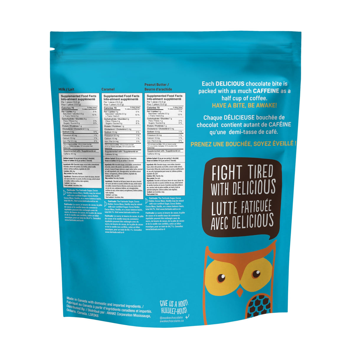 AWAKE - Caffeinated Chocolate Bites - Caramel Milk Chocolate, 50 Count - 50mg Caffeine - Individually Wrapped Energy Bites - Coffee Alternative - Fairtrade, Gluten Free, Non GMO - 0.48oz