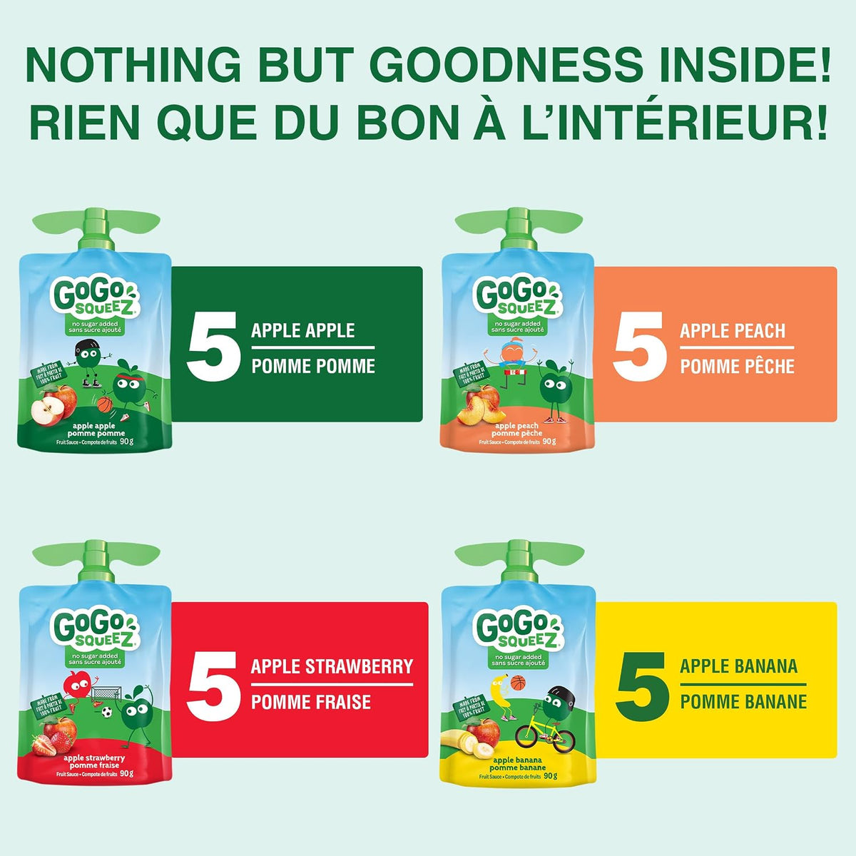 GoGo squeeZ Fruit Sauce Variety Pack, Apple, Strawberry, Peach, Banana, No Sugar Added. 90g per pouch, Pack of 20