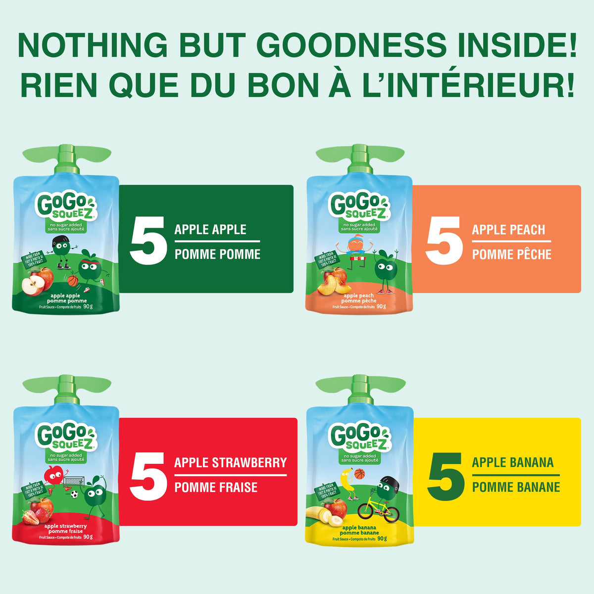 GoGo squeeZ Fruit Sauce Variety Pack, Apple, Strawberry, Peach, Banana, No Sugar Added. 90g per pouch, Pack of 20