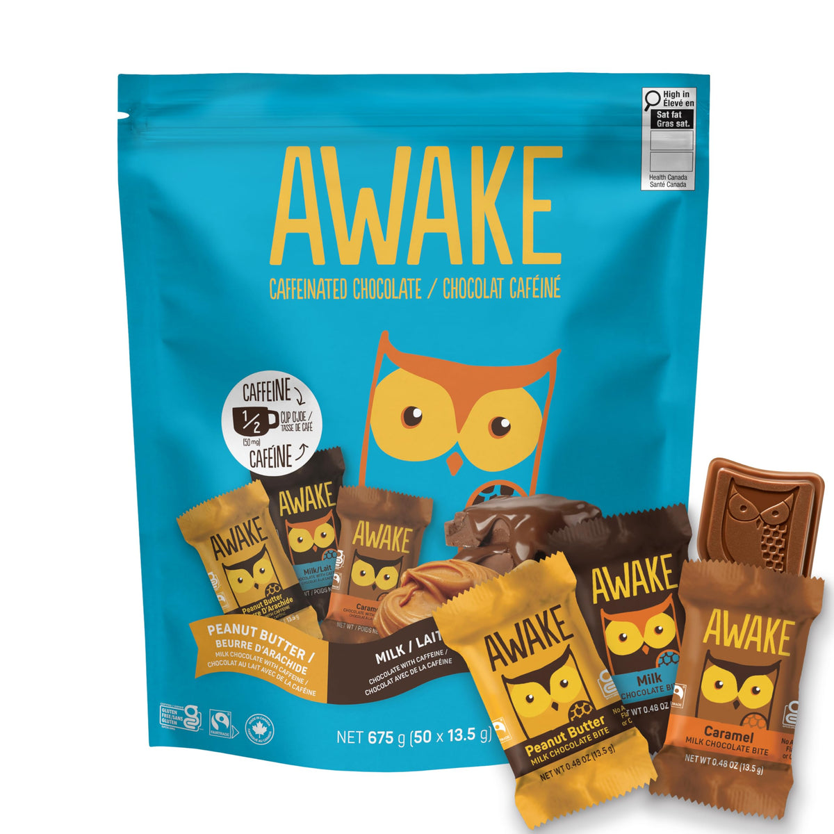 AWAKE - Caffeinated Chocolate Bites - Caramel Milk Chocolate, 50 Count - 50mg Caffeine - Individually Wrapped Energy Bites - Coffee Alternative - Fairtrade, Gluten Free, Non GMO - 0.48oz