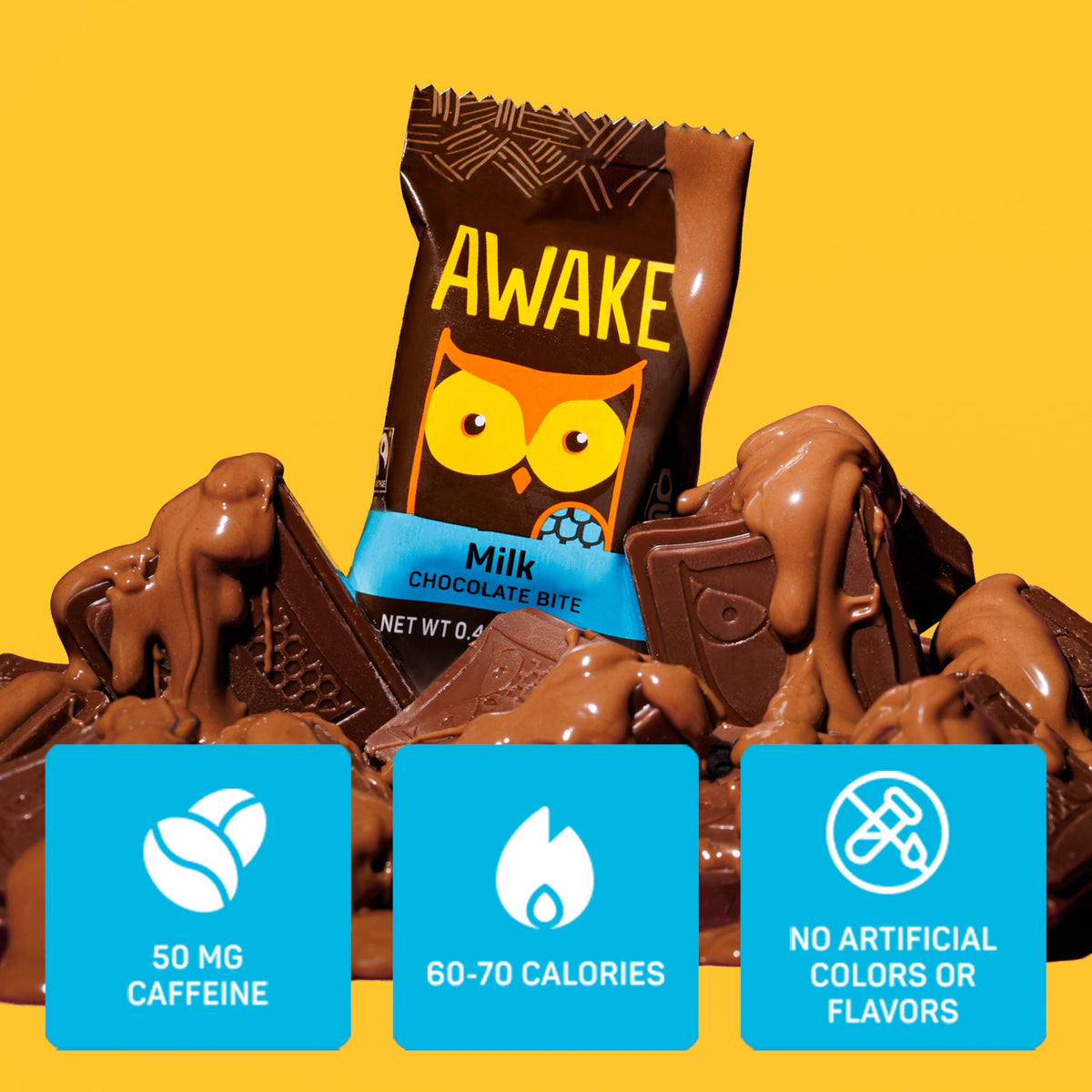 AWAKE - Caffeinated Chocolate Bites - Caramel Milk Chocolate, 50 Count - 50mg Caffeine - Individually Wrapped Energy Bites - Coffee Alternative - Fairtrade, Gluten Free, Non GMO - 0.48oz