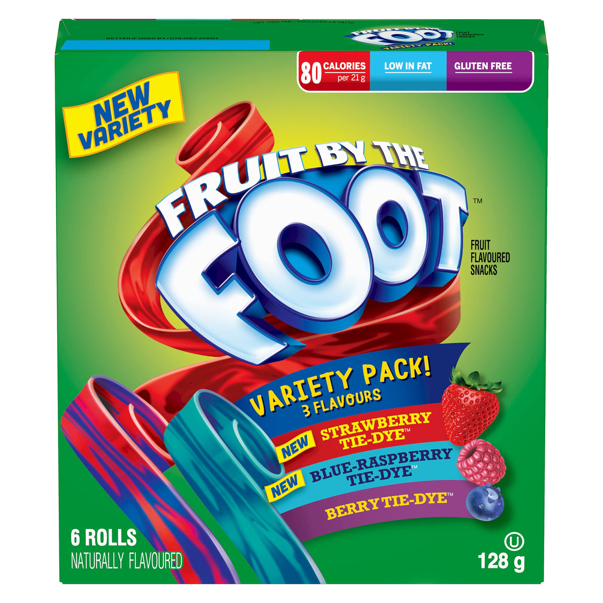 BETTY CROCKER FRUIT BY THE FOOT - VALUE PACK SIZE - Strawberry, Blue Raspberry, Berry Tie-Dye Fruit Flavoured Snacks, Pack of 30 Rolls, 637 Grams Package of Fruit Flavoured Snacks