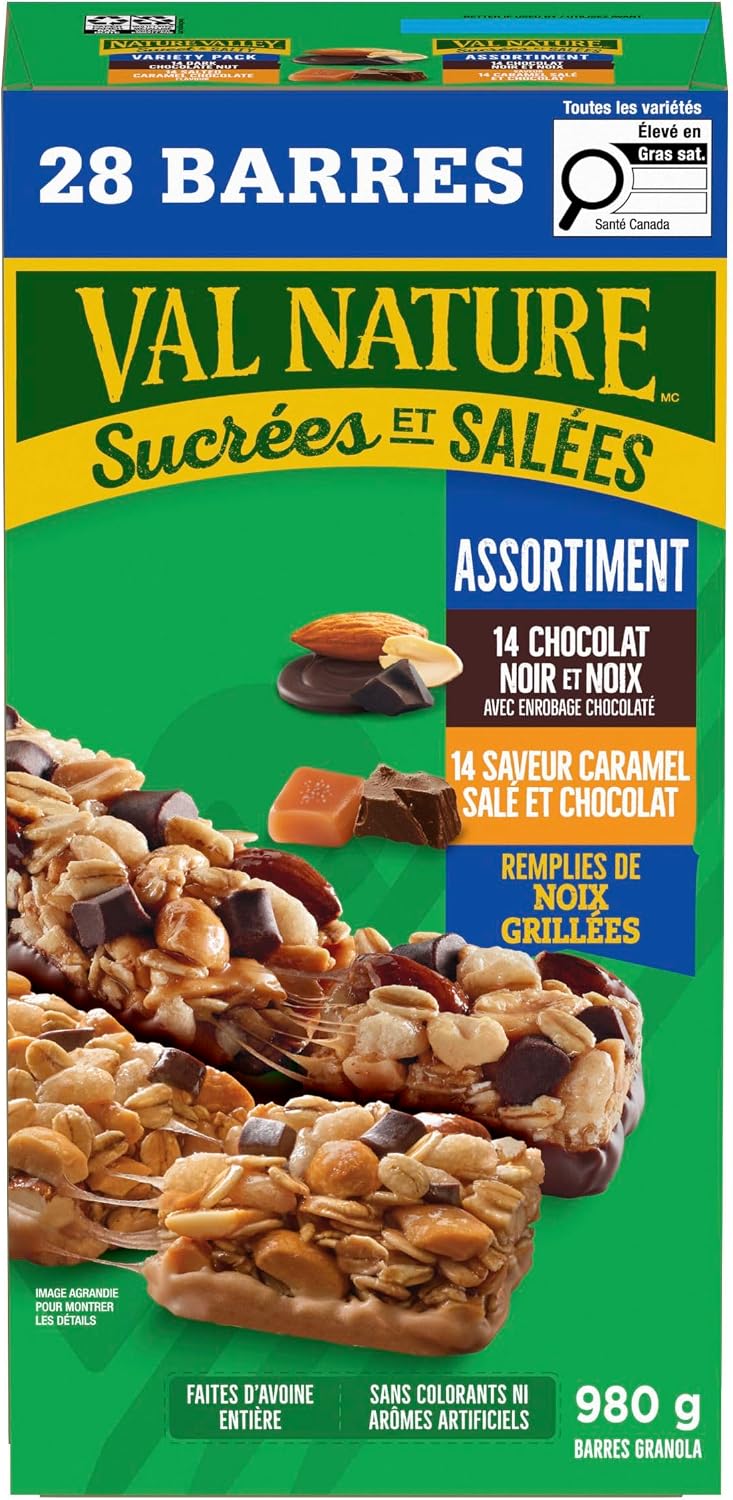 NATURE VALLEY - VALUE PACK - Dark Chocolate Nut and Salted Caramel Chocolate Chewy Nut Sweet and Salty Granola Bars Variety Pack, Pack of 28 Bars, 980 grams, Snack Bars, Made with Whole Grains