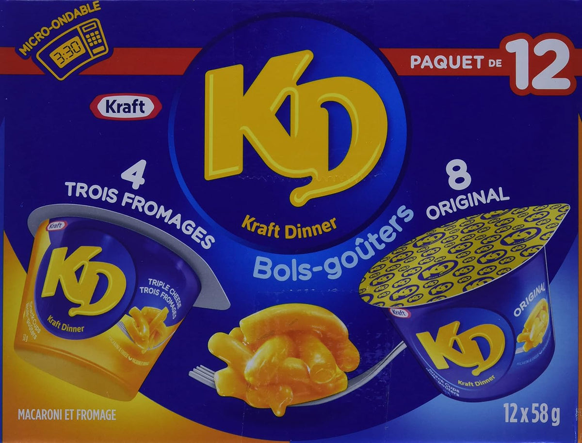 KD Kraft Dinner Three Cheese and Original Macaroni & Cheese Snack Cups, 58 g, 12 ct Case (Pack of 1)
