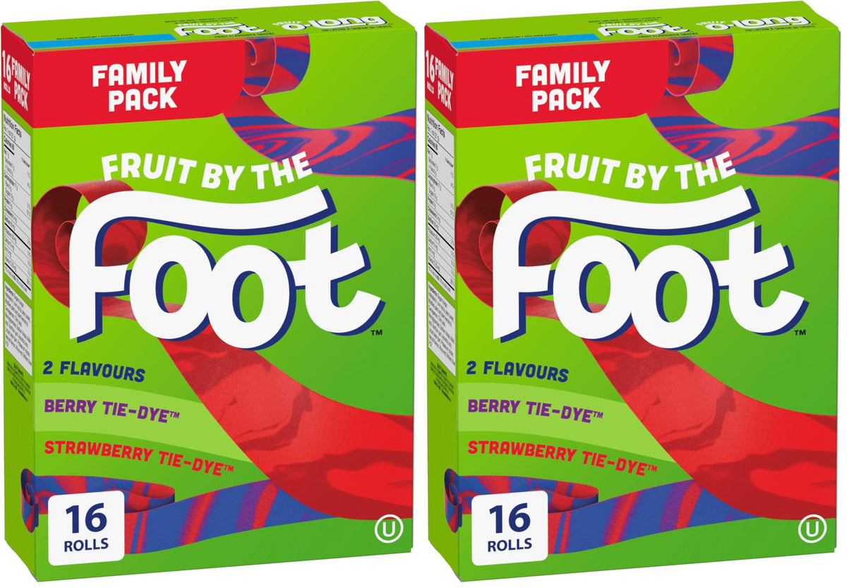 BETTY CROCKER FRUIT BY THE FOOT - VALUE PACK SIZE - Strawberry, Blue Raspberry, Berry Tie-Dye Fruit Flavoured Snacks, Pack of 30 Rolls, 637 Grams Package of Fruit Flavoured Snacks