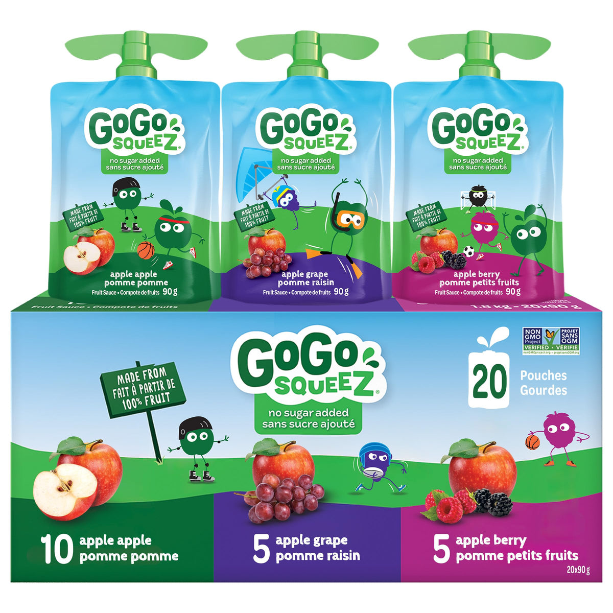 GoGo squeeZ Fruit Sauce Variety Pack, Apple, Strawberry, Peach, Banana, No Sugar Added. 90g per pouch, Pack of 20