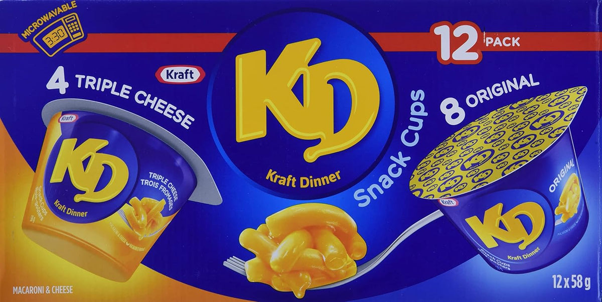 KD Kraft Dinner Three Cheese and Original Macaroni & Cheese Snack Cups, 58 g, 12 ct Case (Pack of 1)