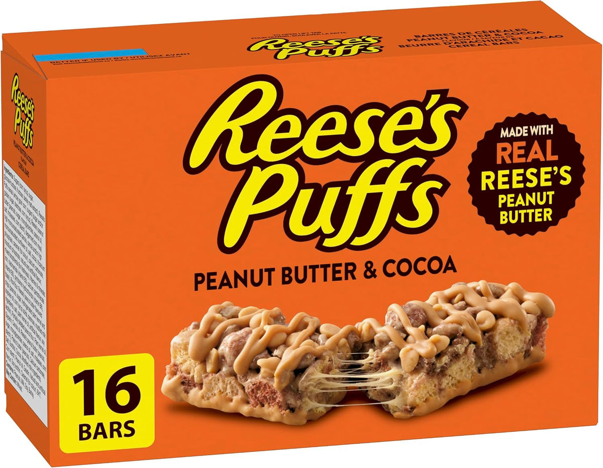Reese's Puffs - Family Pack Size - Peanut Butter and Cocoa Flavour Cereal Bars, Pack of 16 Bars, Made with Real Reese's Peanut Butter