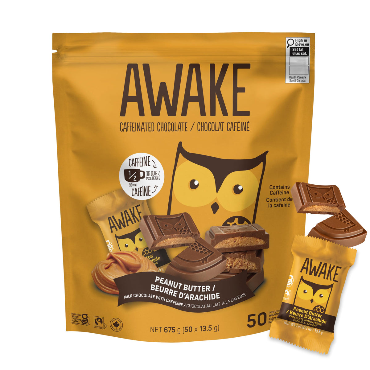 AWAKE - Caffeinated Chocolate Bites - Caramel Milk Chocolate, 50 Count - 50mg Caffeine - Individually Wrapped Energy Bites - Coffee Alternative - Fairtrade, Gluten Free, Non GMO - 0.48oz
