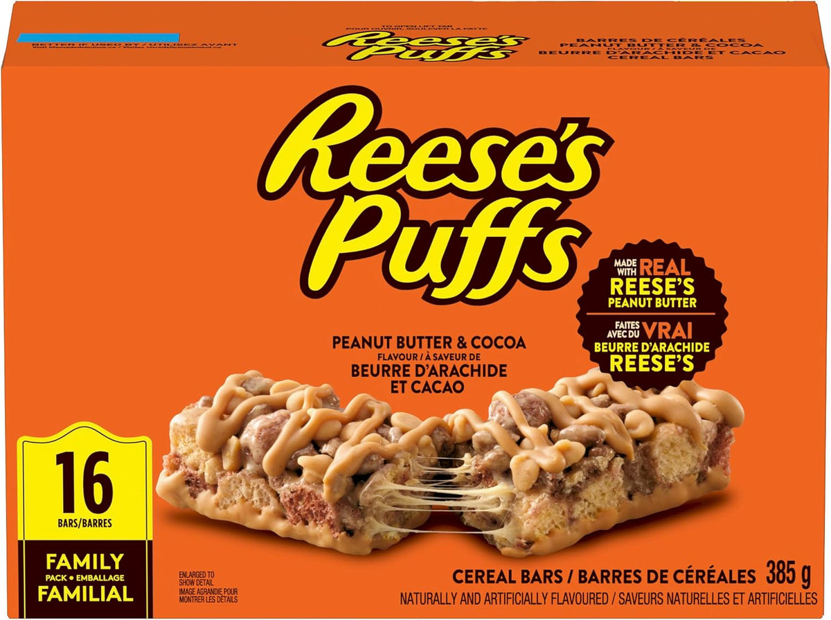 Reese's Puffs - Family Pack Size - Peanut Butter and Cocoa Flavour Cereal Bars, Pack of 16 Bars, Made with Real Reese's Peanut Butter