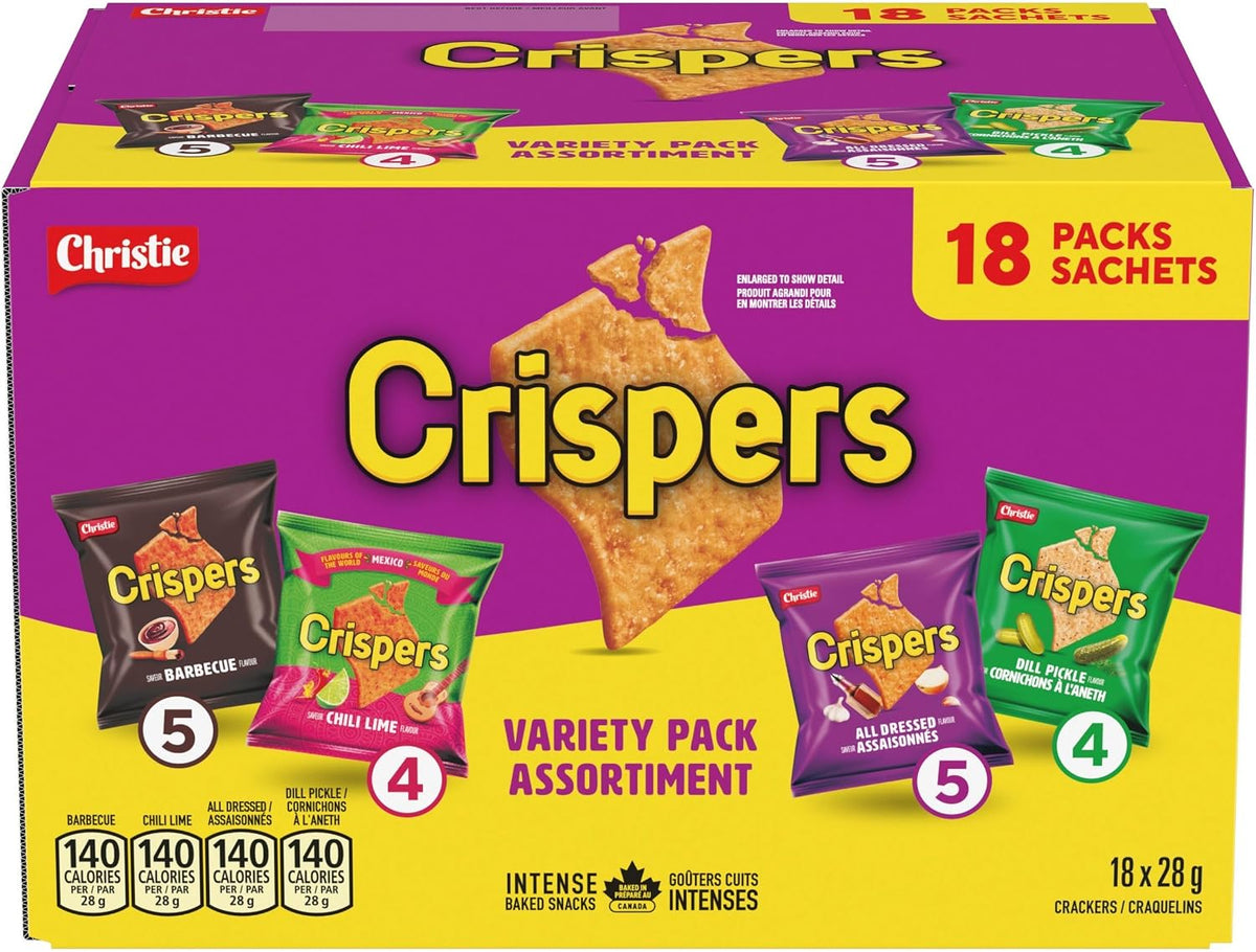 CRISPERS Variety Pack Crackers, 18 Snack Packs, 28g Each, 504g Box