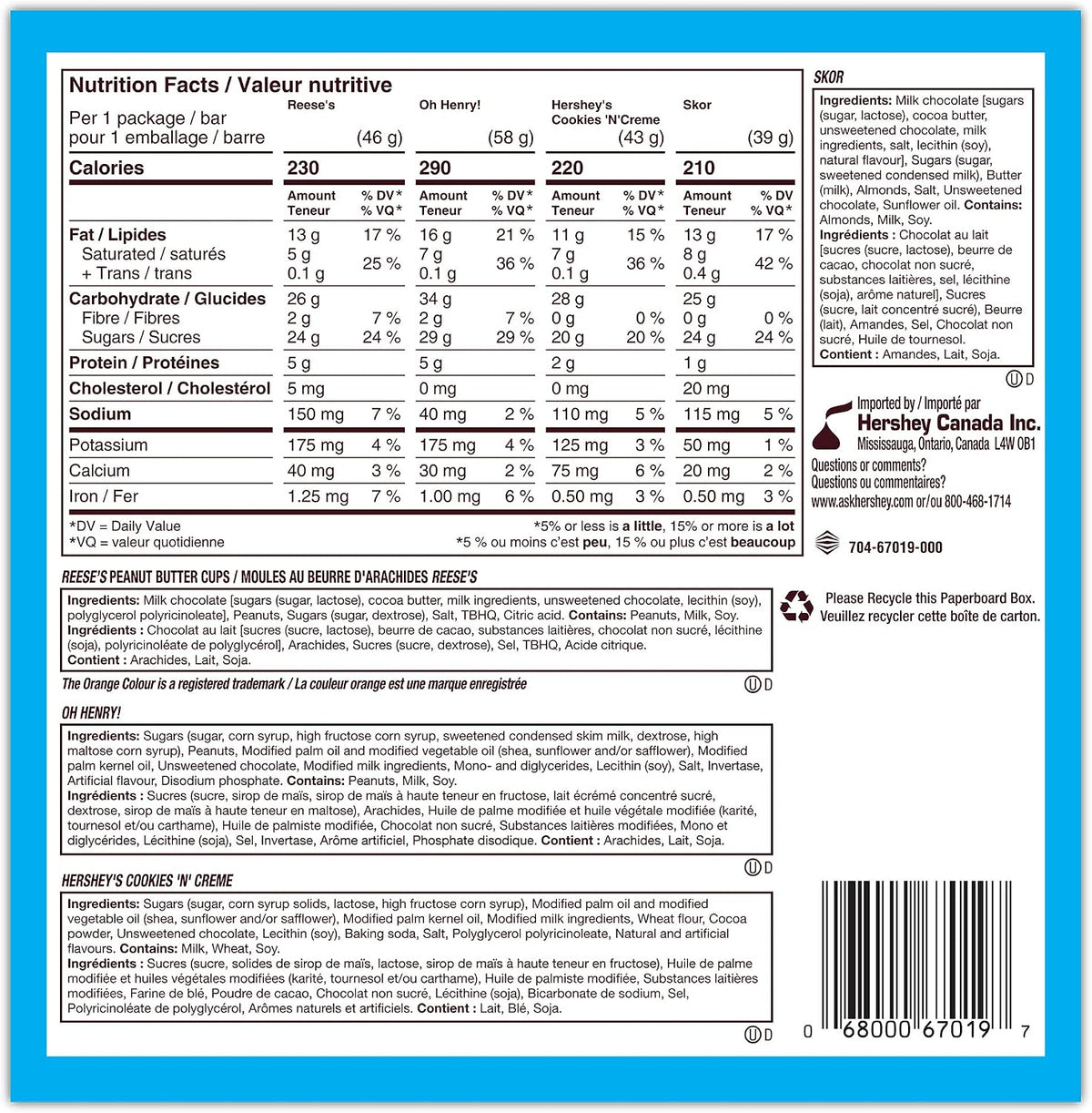 HERSHEY'S Full-Size Chocolate Bars Variety Pack, 15 Bars, 705 g