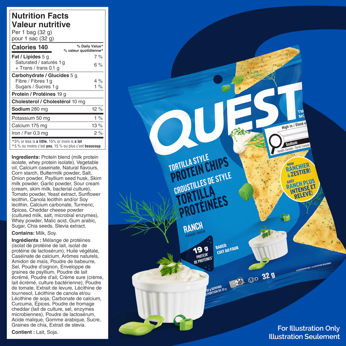 Quest Nutrition Chili Lime Flavour Tortilla Style Protein Chips, High Protein, Baked, Not Fried, Gluten Free, 1g Sugar, 4g Carbs, 8ct