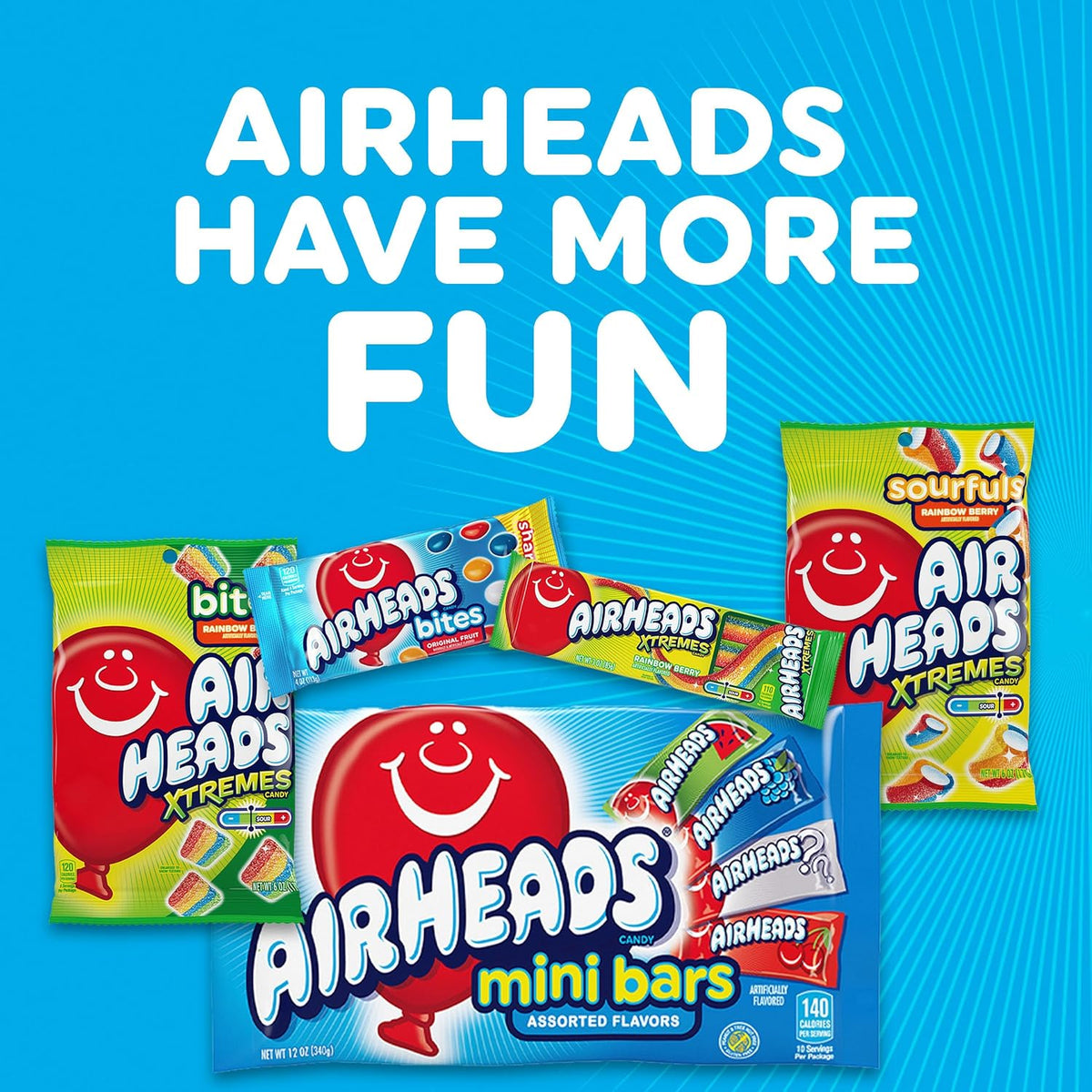 Airheads, Gravity Feed Assorted Candy - Box of 60 Individually Wrapped Bars, 15.6g per bar