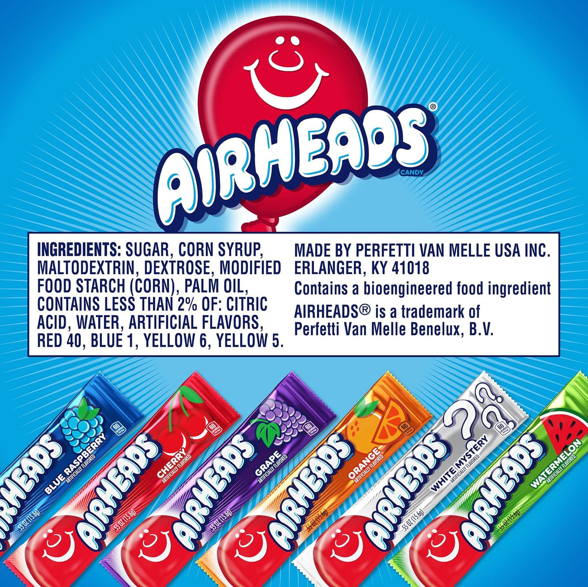 Airheads, Gravity Feed Assorted Candy - Box of 60 Individually Wrapped Bars, 15.6g per bar