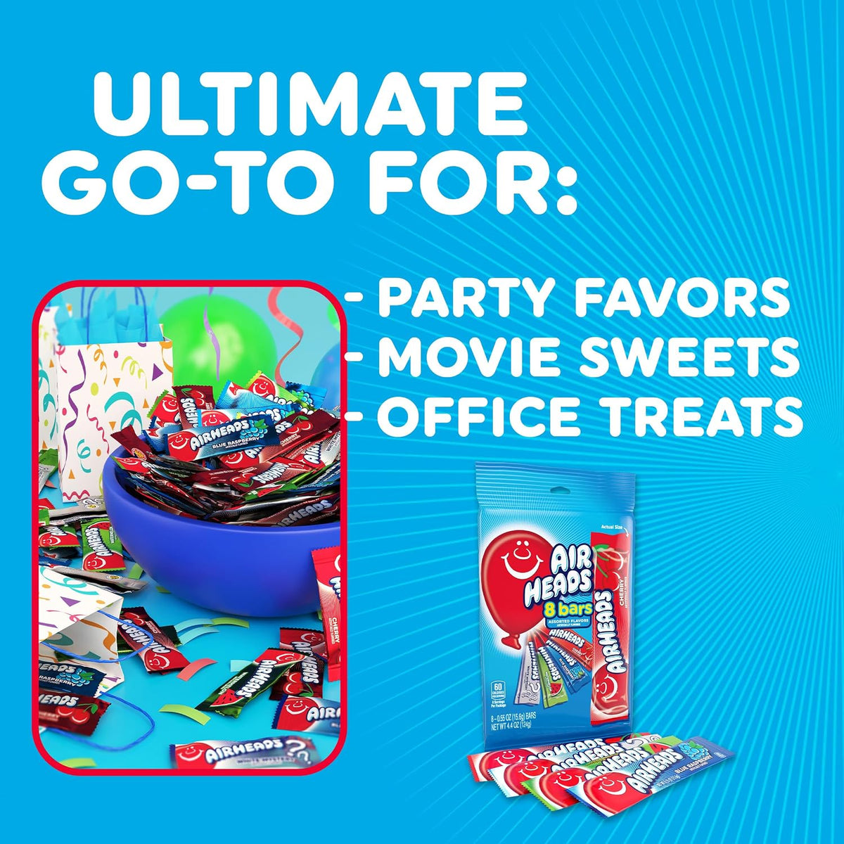 Airheads, Gravity Feed Assorted Candy - Box of 60 Individually Wrapped Bars, 15.6g per bar